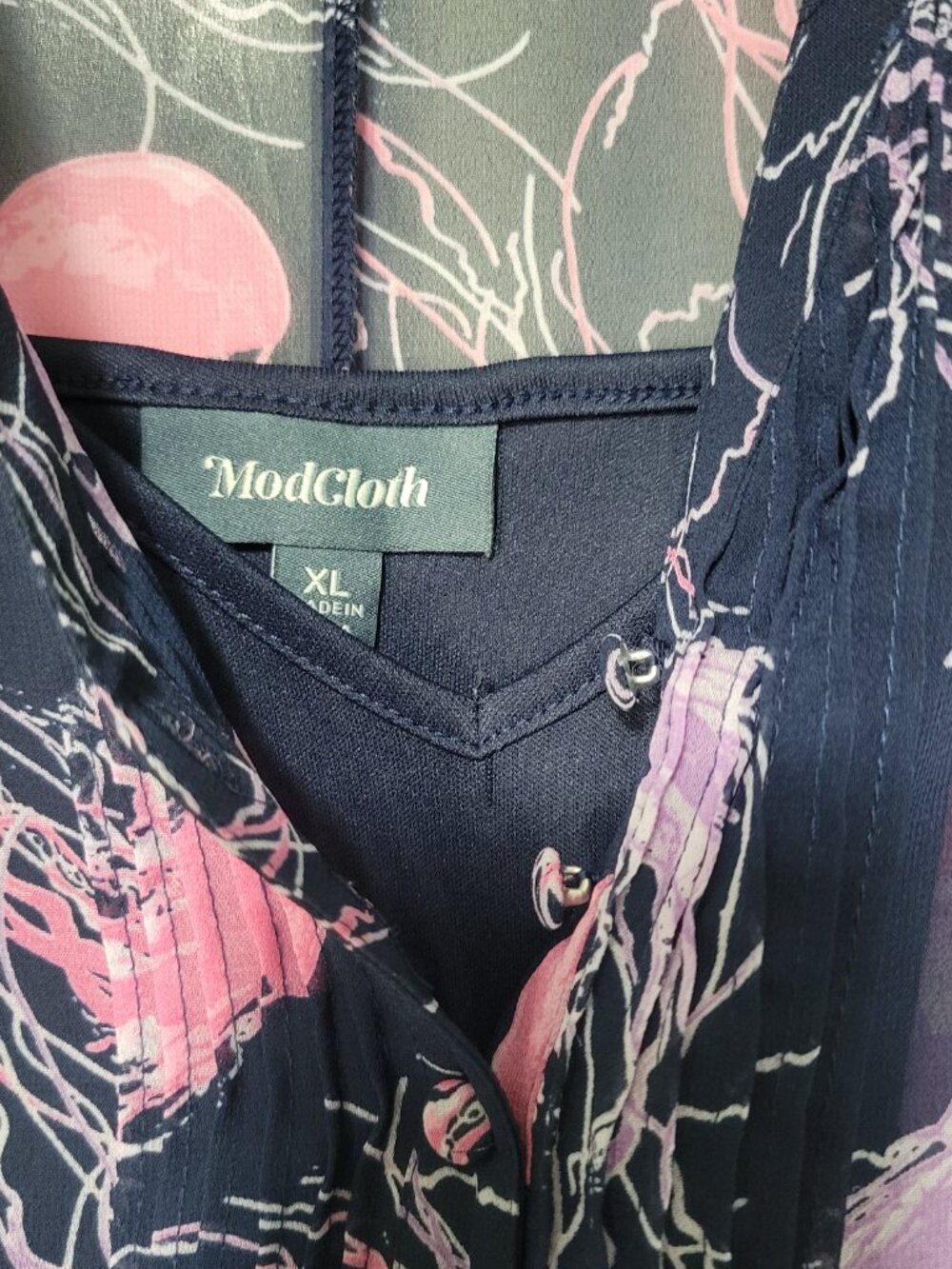 ModCloth 50s 60s Retro Whimsical Navy Jellyfish Ocean Sea Print Chiffon Dress XL - Picture 10 of 14